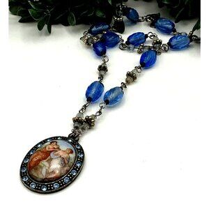 Vintage Inspired Painted Pendant Necklace With Blue Glass Beads & Antique Style